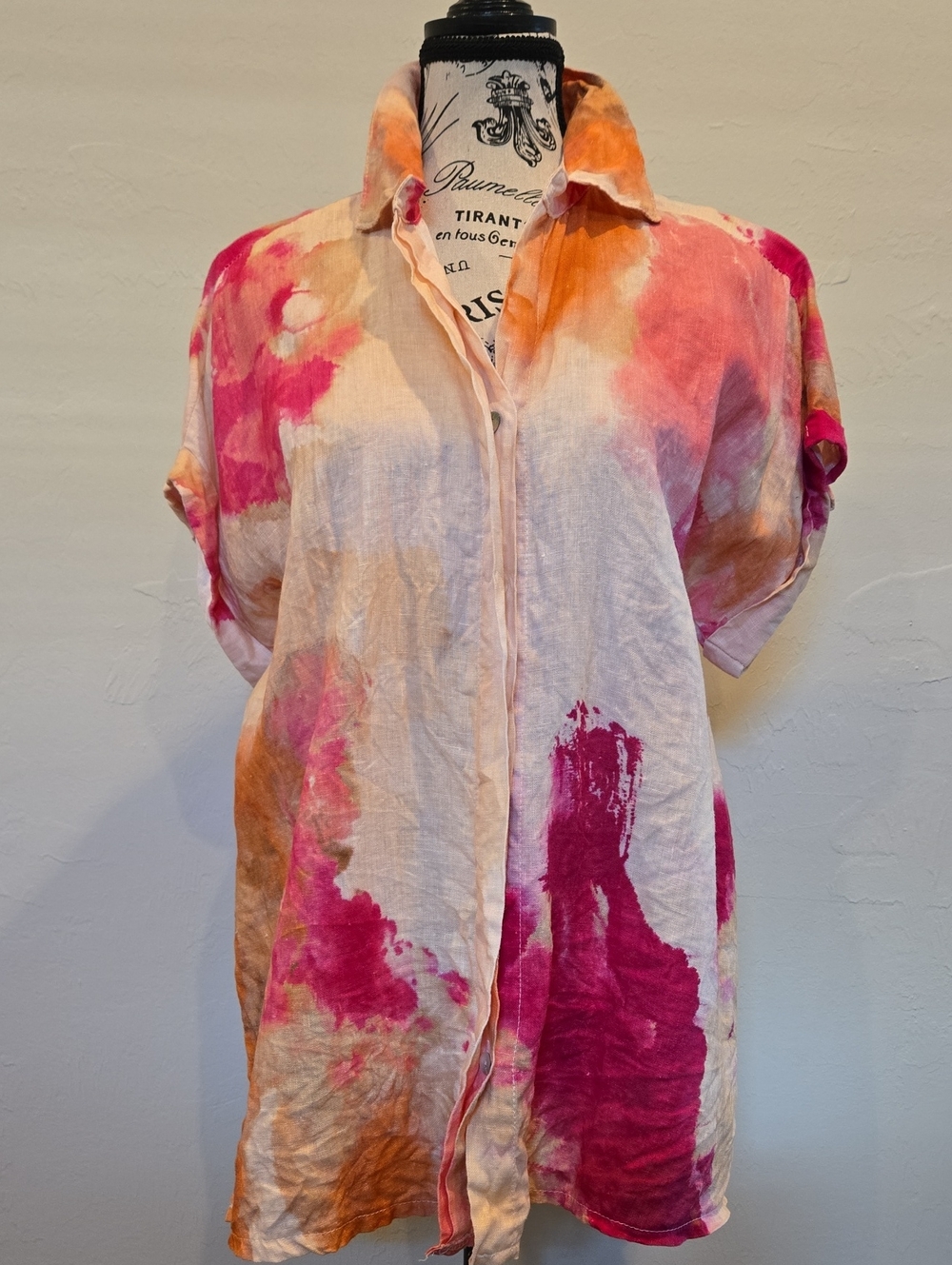 Boutique Tie-Dye Button Front 100% Linen Blouse Shirt in Pink & Orange